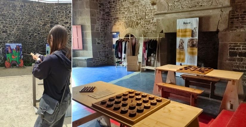 les différents ateliers de manipulation : costumes et armes pour jouer aux chevaliers et chevaleresses au château de Fougères avec les enfants